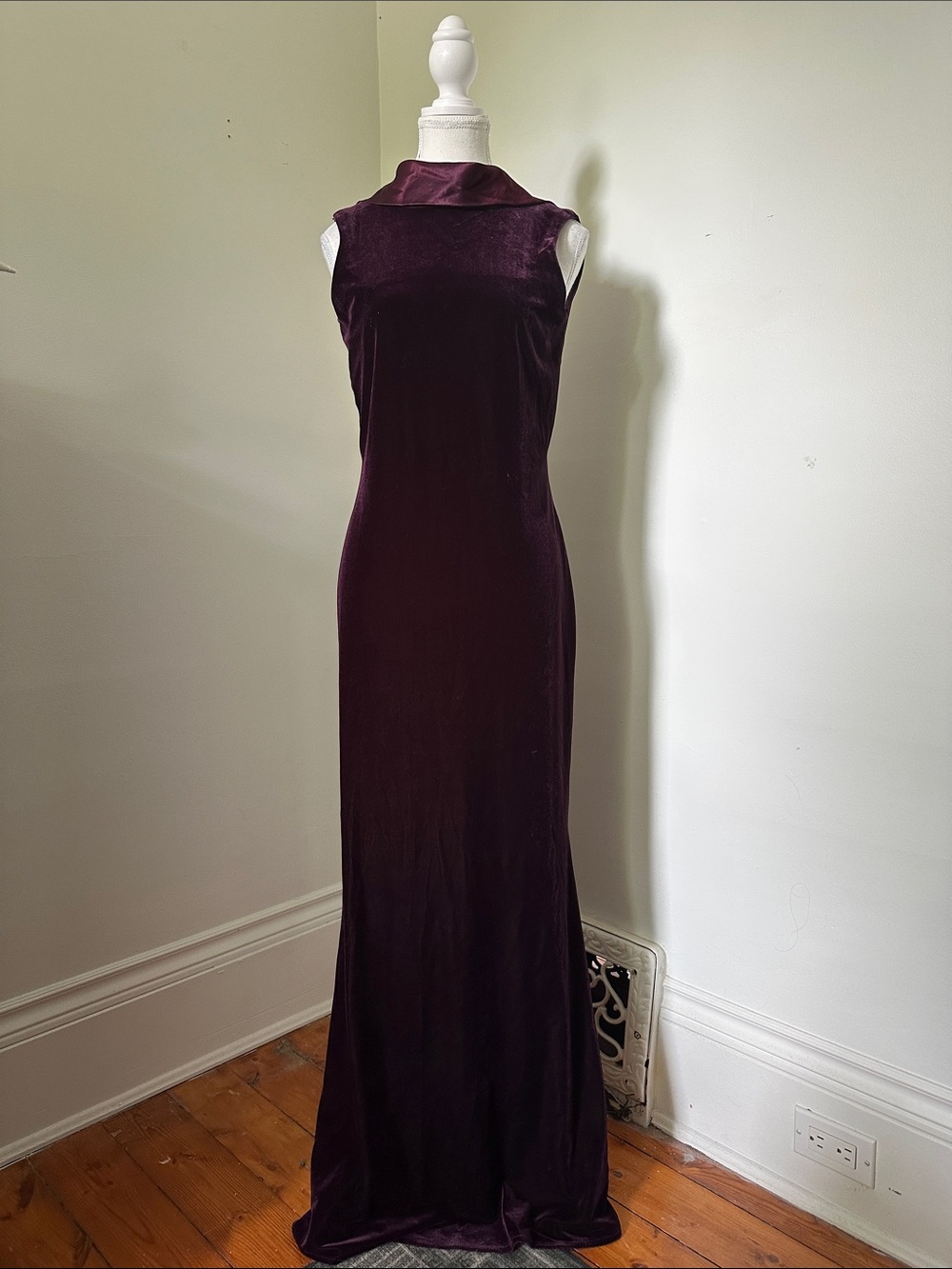 ALGO Vintage Plum Velvet Open Back Mock Neck Wedding Holiday Maxi Dress Sz 8